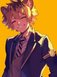  1boy absurdres animal_ear_fluff animal_ears armband black_jacket blonde_hair brown_hair closed_eyes collared_shirt commentary diagonal-striped_clothes diagonal-striped_necktie double-parted_bangs gold_trim grey_vest grin hair_between_eyes highres hyena_boy hyena_ears jacket male_focus multicolored_hair necktie night_raven_college_uniform open_clothes open_jacket orange_background roku_maruru ruggie_bucchi school_uniform shirt short_hair simple_background smile solo striped_clothes suit_jacket symbol-only_commentary teeth twisted_wonderland upper_body vest white_shirt wing_collar 
