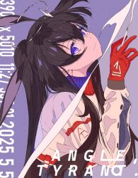  1girl absurdres alternate_costume amiya_(arknights) animal_ears arknights blue_background blue_eyes brown_hair chinese_commentary cigarette collared_jacket commentary_request cropped_jacket cross cross_earrings earrings english_text from_side gloves hair_between_eyes hand_up highres holding holding_cigarette jacket jewelry light_smile ligne_claire long_hair long_sleeves looking_at_viewer mixed-language_commentary ponytail purple_background rabbit_ears red_gloves sidelocks sideways_glance smoke smoke_trail smoking solo split_theme sxxr7352 upper_body white_jacket 