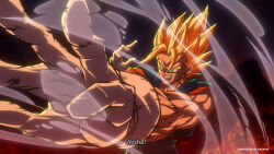  1boy blonde_hair blue_pants blue_sash blue_shirt colorized dragon_ball dragon_ball_super dragon_ball_super_broly dragon_ball_z gloves green_eyes highres male_focus medium_hair muscular muscular_male orange_shirt pants sash shirt solo spiky_hair super_saiyan super_saiyan_1 takahashi_yuuya twitter_username vegetto white_gloves 