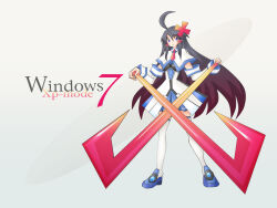  1girl 7-tan 7-tan_(xp_mode) ahoge black_hair blue_shoes blue_skirt commentary_request detached_sleeves hair_ornament holding holding_weapon huge_ahoge long_hair looking_at_viewer original os-tan personification sato_(esuplusesu) shoes skirt solo thigh-highs very_long_hair weapon white_thighhighs x_hair_ornament zettai_ryouiki 