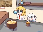  2girls :3 absurdres blonde_hair blue_eyes blue_hair bottle bowl chibi commentary counter drinking drinking_straw eiul english_commentary english_text gawr_gura hair_ornament highres holding holding_bottle hololive hololive_english indoors medium_hair monocle_hair_ornament mortar multicolored_hair multiple_girls necktie pestle red_necktie shark_hair_ornament shelf shirt short_hair smile streaked_hair twitter_username virtual_youtuber watson_amelia white_hair white_shirt 