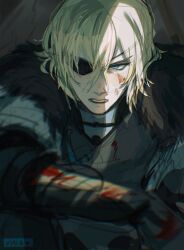  1boy absurdres armor artist_name black_fur blood blood_on_armor blood_on_face blue_eyes breastplate commentary dimitri_alexandre_blaiddyd dimitri_alexandre_blaiddyd_(timeskip) english_commentary eyepatch fire_emblem fire_emblem:_three_houses gauntlets grey_fur hair_between_eyes highres looking_to_the_side male_focus medium_hair one_eye_covered open_mouth parted_bangs sideways_glance sketch solo teeth upper_body upper_teeth_only viria13 