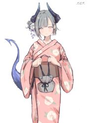  1girl arknights blush_stickers brown_sash closed_mouth commentary dated dragon_girl dragon_horns dragon_tail floral_print floral_print_kimono flower grey_hair hair_flower hair_ornament highres holding horns japanese_clothes kimono liskarm_(arknights) long_sleeves looking_at_viewer pink_eyes pink_kimono pppmepl print_kimono purple_flower short_hair simple_background solo standing tail tail_raised white_background white_flower wide_sleeves yukata 