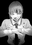  1girl absurdres blood blood_on_clothes blood_on_face chainsaw_man closed_mouth collared_shirt greyscale highres looking_at_viewer makima_(chainsaw_man) monochrome necktie ringed_eyes shirt short_hair_with_long_locks simple_background solo turiganesou800 