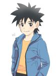  1boy black_hair casual closed_mouth cross_scar dai_(dragon_quest) dragon_quest dragon_quest_dai_no_daibouken hands_in_pockets highres jacket looking_at_viewer nori_(norimakigumo) scar simple_background smile solo spiky_hair white_background 