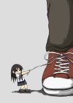  1girl absurdres brown_hair commentary grin highres kishimen_udn long_hair minigirl original pulling school_uniform serafuku shoelaces shoes simple_background smile smirk 