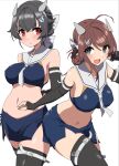  2girls ahoge black_gloves black_hair black_legwear blue_skirt braid breasts brown_hair chougei_(kancolle) comala_(komma_la) commentary_request cosplay crop_top elbow_gloves fake_horns fingerless_gloves gloves gradient_neckerchief grey_eyes hair_flaps hair_ornament hair_rings hairclip headgear highres horned_headwear horns i-201_(kancolle) i-201_(kancolle)_(cosplay) i-203_(kancolle) i-203_(kancolle)_(cosplay) jingei_(kancolle) kantai_collection large_breasts long_hair low_ponytail midriff multiple_girls neckerchief pencil_skirt red_eyes sailor_collar simple_background single_braid skirt sleeveless thigh-highs twin_braids white_background white_neckerchief white_sailor_collar 
