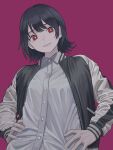  1girl absurdres bangs black_hair dress_shirt hands_on_hips highres jacket long_sleeves n2chi1l open_clothes open_jacket original parted_lips purple_background red_eyes shirt short_hair simple_background smile sukajan upper_body white_shirt 