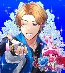  10070414 1boy 1girl black_shirt blue_background blue_eyes blue_nails blue_shirt blush boquet_(super_sentai) brown_hair byakuya_rikuo commentary_request curly_sidelocks earrings fake_horns fingerless_gloves flower gloves grin heart highres holding holding_sign horn_hairband horns jewelry long_hair no.1_sentai_gozyuger one_eye_closed open_mouth pink_eyes pink_hair purple_gloves rose sentai_ring shirt short_hair sign smile sparkle super_sentai tokusatsu upper_body white_gloves 