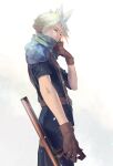  1boy aqua_eyes armor belt blonde_hair cloud_strife cofffee final_fantasy final_fantasy_vii final_fantasy_vii_remake gloves grey_background hair_between_eyes holding holding_weapon short_hair shoulder_armor sleeves_rolled_up solo spiky_hair suspenders upper_body weapon younger 