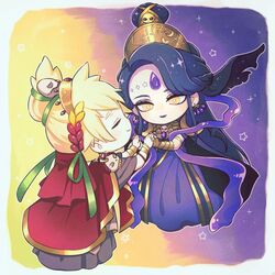  2girls black_hair blonde_hair chibi closed_eyes dress earrings eyeshadow gem hades_(game) hair_ornament highres holding_hands interlocked_fingers jewelry laurel_crown makeup multiple_girls nyx_(hades) persephone_(hades) purple_lips ring skull_hair_ornament smile star_(symbol) updo uratamameron yellow_eyes yuri 