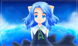  1girl animal_ears blue_dress blue_eyes blue_hair blue_theme cat_ears commentary_request dress earth_(planet) flat_chest frutiger_aero looking_at_viewer medium_hair original os-tan personification planet puma-tan sato_(esuplusesu) sidelocks smile solo upper_body 