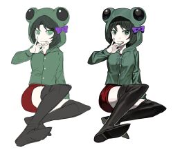  1girl animal_hood asdf1211950 black_boots black_souls boots bow dress frog_hood frog_princess_(black_souls) green_eyes green_hair green_jacket hair_bow hand_up highres hood hooded_jacket jacket looking_at_viewer pale_skin parted_bangs purple_bow red_dress simple_background sitting solo thigh_boots white_background 