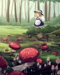  1girl absurdres apron black_headwear black_skirt black_vest blonde_hair bow brown_eyes bush commentary day forest furahata_gen grass hair_bow hat hat_bow highres holding holding_sack kirisame_marisa leaf letter long_hair looking_at_viewer mushroom nature open_mouth outdoors rock roots sack shirt short_sleeves skirt skirt_set solo touhou tree vest waist_apron white_apron white_bow white_shirt wide_shot witch_hat 