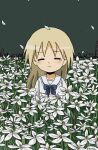  1girl blonde_hair closed_eyes field flower flower_field flower_request highres kishimen_udn long_hair night night_sky original outdoors petals school_uniform serafuku sky smile solo tears 