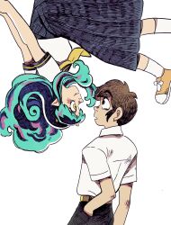  1boy 1girl aqua_hair black_pants black_skirt brown_hair commentary cone_horns hand_in_pocket highres horns kuropin long_hair looking_at_another lum moroboshi_ataru neckerchief pants pointy_ears school_uniform serafuku shirt short_hair sidelocks simple_background skirt socks upside-down urusei_yatsura white_background white_shirt white_socks yellow_neckerchief 