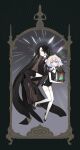  2others :o absurdly_long_hair adapted_costume androgynous backless_dress backless_outfit black_bow black_dress black_eyes black_footwear black_gloves black_hair black_legwear bob_cut border bort bow clothing_cutout copyright_name diamond_(houseki_no_kuni) dress elbow_gloves floating frown full_body gem_uniform_(houseki_no_kuni) gloves grey_background gwayo highres holding holding_lantern houseki_no_kuni lantern layered_clothes long_hair looking_at_viewer multicolored_hair multiple_others pelvic_curtain phosphophyllite_(gemstone) rainbow_hair shoes short_hair short_jumpsuit side_cutout sparkle straight_hair thigh-highs very_long_hair violet_eyes white_gloves white_legwear 