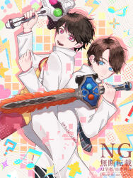  ! 2boys :d ? absurdres back-to-back blue_eyes brown_hair commentary_request doctor eighth_note gashacon_breaker gashacon_sword glitch hammer highres holding holding_hammer holding_sword holding_weapon hoshi_no_shizuku houjou_emu kagami_hiiro kamen_rider kamen_rider_ex-aid_(series) lab_coat lanyard looking_at_viewer looking_to_the_side mole mole_under_eye multiple_boys multiple_moles musical_note necktie open_mouth pants pink_eyes red_pants shirt short_hair smile striped_necktie sword tokusatsu weapon yellow_shirt 