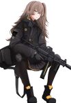  1girl absurdres bag black_footwear black_gloves black_jacket black_legwear black_skirt blush boots brown_eyes brown_hair eyebrows_visible_through_hair eyes_visible_through_hair full_body girls_frontline gloves gun h&amp;k_ump45 highres holding holding_gun holding_weapon jacket knee_pads long_hair mesuosushi_psd one_side_up pantyhose parted_lips simple_background sitting skirt solo submachine_gun ump45_(girls&#039;_frontline) ump45_(winter_journey)_(girls&#039;_frontline) weapon 