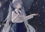  1girl absurdres bangs blue_eyes blunt_bangs daichengqi eyebrows_visible_through_hair grey_hair hair_ribbon highres holding holding_umbrella long_hair long_sleeves looking_up original outstretched_arm parted_lips rain ribbon school_uniform skirt smile solo twintails umbrella very_long_hair 