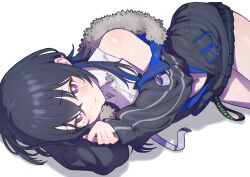  1girl black_hair black_jacket black_skirt blue_hair blush collared_shirt crop_top fur-trimmed_jacket fur_trim hair_between_eyes highres ichinose_uruha ichinose_uruha_(4th_costume) jacket long_hair looking_at_viewer lupinus_virtual_games lying miniskirt multicolored_hair navel niboshidrip off_shoulder on_side raised_inner_eyebrows shirt skirt sleeveless sleeveless_shirt solo streaked_hair violet_eyes virtual_youtuber vspo! 