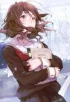  1girl absurdres bangs blurry blurry_background book brown_eyes brown_hair brown_shirt brown_skirt collarbone commentary_request curly_hair eyebrows_visible_through_hair hair_between_eyes hibike!_euphonium highres holding holding_book kitauji_high_school_uniform kuziaaizuk neckerchief oumae_kumiko outdoors pleated_skirt red_neckerchief sailor_collar school_uniform serafuku shirt short_hair signature skirt smile solo white_sailor_collar winter_uniform 