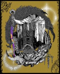  2boys asymmetrical_horns black_border border claws elden_ring great_rune_(elden_ring) half-siblings highres holding holding_polearm holding_sword holding_weapon horns horns_on_eye_sockets lantherodon mismatched_horns missing_eye mohg_lord_of_blood morgott_the_omen_king multiple_boys multiple_horns ornate_clothes planted planted_sword polearm robe sleeveless_tunic standing stole sword tail trident upper_body weapon yellow_background 