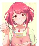  1girl absurdres apron blush border breasts cake cake_slice closed_mouth commentary_request earrings facing_viewer food fork green_shirt hands_up highres holding holding_fork jewelry medium_breasts pink_apron pyra_(xenoblade) red_eyes redhead ryochan96154 shirt short_hair short_sleeves signature smile solo upper_body white_border xenoblade_chronicles_(series) xenoblade_chronicles_2 yellow_background 