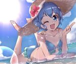  13-gou 1girl ass barefoot blue_eyes blue_hair braid character_request clouds collarbone full_body hat looking_at_viewer one_eye_closed open_mouth short_hair smile solo swimsuit water 