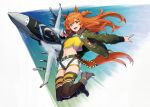  1girl aircraft airplane animal_ears blush bomber_jacket boots commentary_request f/a-18e_super_hornet fighter_jet hair_between_eyes highres horse_ears horse_girl horse_tail jacket jet looking_at_viewer mayano_top_gun_(umamusume) midriff military military_vehicle navel orange_eyes orange_hair shorts tail tenkey2022 thigh-highs umamusume 