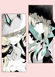  2girls barghest_(fate) barghest_(fgo_fes._2025)_(fate) blonde_hair blue_eyes braid fate/grand_order fate_(series) hair_between_eyes hat highres kauderni01356 long_hair looking_down morgan_le_fay_(fate) multiple_girls multiple_views very_long_hair white_hair 