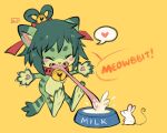  1girl :d animal_ears bell blush_stickers bowl cat cat_ears chimera closed_eyes colored_skin frog furry furry_female fusion green_hair green_skin hair_bell hair_ornament heart jingle_bell long_tongue mouse original patty_(sui_(suizilla)) pet_bowl simple_background smile solo spoken_heart sui_(suizilla) tail tongue tongue_out yellow_background 