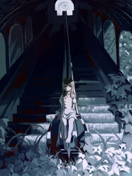  1girl abandoned absurdres bow commentary dark disembodied_eye dress escalator expressionless feet grey_eyes highres long_hair original overgrown plant ruins signe_ture sitting solo 