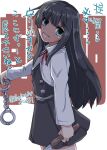  1girl absurdres asashio_(kancolle) asashio_kai_ni_(kancolle) background_text black_hair blue_eyes character_name commentary_request cowboy_shot cuffs dress handcuffs highres holding jacket kantai_collection kitahama_(siroimakeinu831) knife long_hair long_sleeves looking_at_viewer pinafore_dress shaded_face simple_background solo translation_request twitter_username white_background white_jacket yandere 
