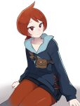  1girl arezu_(pokemon) closed_mouth collarbone commentary diamond_clan_outfit highres hood hoodie long_sleeves looking_at_viewer momikumo pantyhose pokemon pokemon_(game) pokemon_legends:_arceus red_eyes red_legwear redhead short_hair simple_background sitting smile solo thighs 