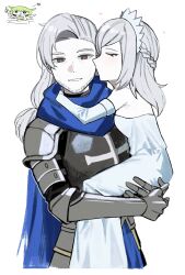  1boy 2girls absurdres age_switch aged_down aged_up asdf1211950 beard_stubble black_souls blue_cape brown_eyes cape cinderella_(black_souls) dress elbow_gloves facial_hair gloves grey_armor grey_hair highres izu_(black_souls) kiss kissing_cheek leaf_(black_souls) long_hair low-tied_long_hair mother_and_son multiple_girls open_mouth simple_background smile strapless strapless_dress stubble white_background white_dress white_gloves 