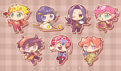  6+boys animal argyle_clothes argyle_hat argyle_sweater black_coat black_eyes black_hair black_necktie black_pants blonde_hair blue_sweater bruno_bucciarati bug chibi chibi_only clothing_cutout coat coco_jumbo commentary_request dated giorno_giovanna green_eyes green_jacket green_pants guido_mista gun hair_between_eyes hat headband highres holding holding_animal holding_gun holding_teapot holding_turtle holding_weapon jacket jojo_no_kimyou_na_bouken ladybug leone_abbacchio long_hair long_skirt male_focus multiple_boys narancia_ghirga necktie one_eye_closed orange_hair orange_headband orange_skirt pannacotta_fugo pants pink_hair pink_jacket pink_pants pink_skirt red_hat red_pants rizometa28 short_hair skirt sweater teapot trish_una vento_aureo violet_eyes weapon white_jacket zipper_pull_tab 