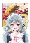  1girl absurdres animal_ears artbook bell cake candy cat_ears drooling food green_hair hair_ornament hair_ribbon hairpin highres inal licking licking_finger lollipop long_hair maid maid_headdress momoirone neck_bell non-web_source ribbon striped striped_ribbon thigh-highs twintails violet_eyes 