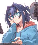  1girl alternate_costume bangs blue_eyes blue_hair blue_hoodie brmameng earrings fang fingernails glasses hair_intakes highres hololive hololive_english hood hoodie jewelry keyboard_(computer) mechanical_pencil microphone monitor ouro_kronii pencil piercing pop_filter short_hair short_ponytail skin_fang virtual_youtuber 
