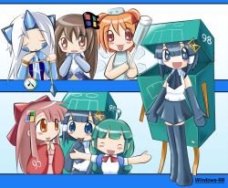  2000s_(style) 2003_server 6+girls 95-tan 98-tan ahoge blue_hair blush boots bow braid brown_eyes brown_hair ce-tan closed_eyes commentary dress english_commentary fairy gloves green_hair grey_hair hair_bow holding horns japanese_clothes kimono long_hair longhorn-tan low_twin_braids maguro-chan maid me-tan microsoft_windows multiple_girls number_hair_ornament orange_hair os-tan personification pink_kimono pocket_watch red_bow red_kimono shirt short_hair short_twintails single_horn skirt twin_braids twintails watch white_dress white_shirt windows_classic 