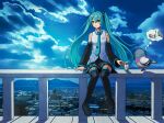 1girl aqua_eyes aqua_hair aqua_necktie bangs bird black_skirt boots can city cityscape closed_mouth clouds cloudy_sky detached_sleeves drink fence hair_between_eyes hair_ornament hatsune_miku highres imagining kotatsumuri_(yaugau) long_hair necktie on_fence outdoors shadow sitting_on_fence skirt sky sleeveless smile soda_can thigh_boots twintails very_long_hair vocaloid 