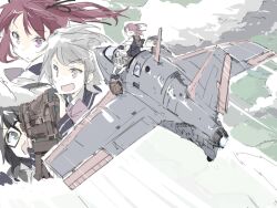  3girls above_clouds aircraft airplane bag black_eyes black_hair camouflage_bag cevio clouds feste field from_above glasses grey_eyes grey_hair hair_ribbon hanakuma_chifuyu holding holding_bag jet_engine koharu_rikka me_163 midair multiple_girls multiple_views natsuki_karin open_cockpit outdoors red_eyes red_hair ribbon 