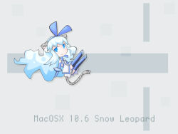  1girl animal_ears blue_eyes blue_gloves blue_hair blue_ribbon chibi chibi_only commentary_request dress full_body gloves grey_background hair_ribbon long_hair looking_at_viewer original os-tan personification ribbon sato_(esuplusesu) snow_leopard-tan snow_leopard_ears snow_leopard_girl snow_leopard_tail solo white_dress 