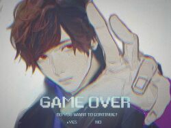  1boy black_jacket brown_hair chromatic_aberration commentary_request english_text game_over heavy_chromatic_aberration izu_(user_tmtu7743) jacket kamen_rider kamen_rider_ex-aid_(series) looking_at_viewer looking_to_the_side looking_up male_focus mole mole_under_eye parad purple_sleeves reaching reaching_towards_viewer red_eyes short_hair solo tokusatsu upper_body white_background 