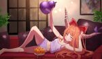  1girl barefoot blue_ribbon blush bow chicken_(food) closed_eyes food gourd grin hair_bow highres holding horn_ornament horn_ribbon horns ibuki_suika long_hair navel oeyama oni_horns orange_hair picture_(object) red_bow ribbon smile solo touhou window 