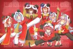  6+girls animal_hood arm_up arms_at_sides blush brown_hair closed_eyes commentary_request food_in_mouth hair_flaps hair_ornament highres hood horse_girl inari_one_(umamusume) kongariinu looking_at_viewer mejiro_ardan_(umamusume) multiple_girls oguri_cap_(umamusume) panda_hood pose sakura_chiyono_o_(umamusume) simple_background tamamo_cross_(umamusume) umamusume yaeno_muteki_(umamusume) 