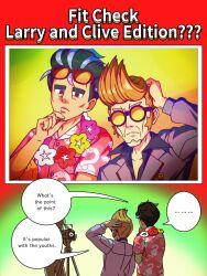  3boys absurdres alternate_language black_hair brown_eyes camera character_name clavell_(pokemon) clive_(pokemon) closed_mouth collared_shirt commentary english_commentary facial_hair flipped_hair flower_wreath hand_on_own_chin hand_up highres jacket larry_(pokemon) larry_(special_costume)_(pokemon) male_focus multiple_boys official_alternate_costume official_art pink_shirt pokemon pokemon_masters_ex pokemon_sv shirt speech_bubble sunglasses tinted_eyewear yellow-tinted_eyewear 