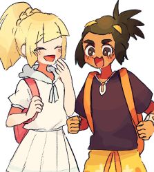  1boy 1girl backpack bag black_shirt blonde_hair clenched_hands closed_eyes green_hair hau_(pokemon) highres lillie_(pokemon) open_mouth pokemon pokemon_sm sarami_(sa_rami30) shirt simple_background smile star-shaped_pupils star_(symbol) symbol-shaped_pupils white_background z-ring 
