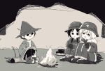  1boy 2girls :d bonfire chito_(shoujo_shuumatsu_ryokou) crossover fire gloves hat helmet kishimen_udn knees_up limited_palette long_hair military military_uniform moomin multiple_girls sepia short_hair shoujo_shuumatsu_ryokou sitting smile snufkin twintails uniform yuuri_(shoujo_shuumatsu_ryokou) 