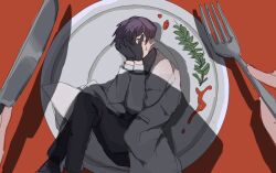 1boy black_gloves black_pants black_shirt butter_knife coat crying divewet3 fork full_body gloves lobotomy_corporation long_sleeves looking_at_viewer lying male_focus on_side pants plate project_moon purple_hair red_background shirt short_hair simple_background solo white_coat wide-eyed yellow_eyes yesod_(project_moon) 